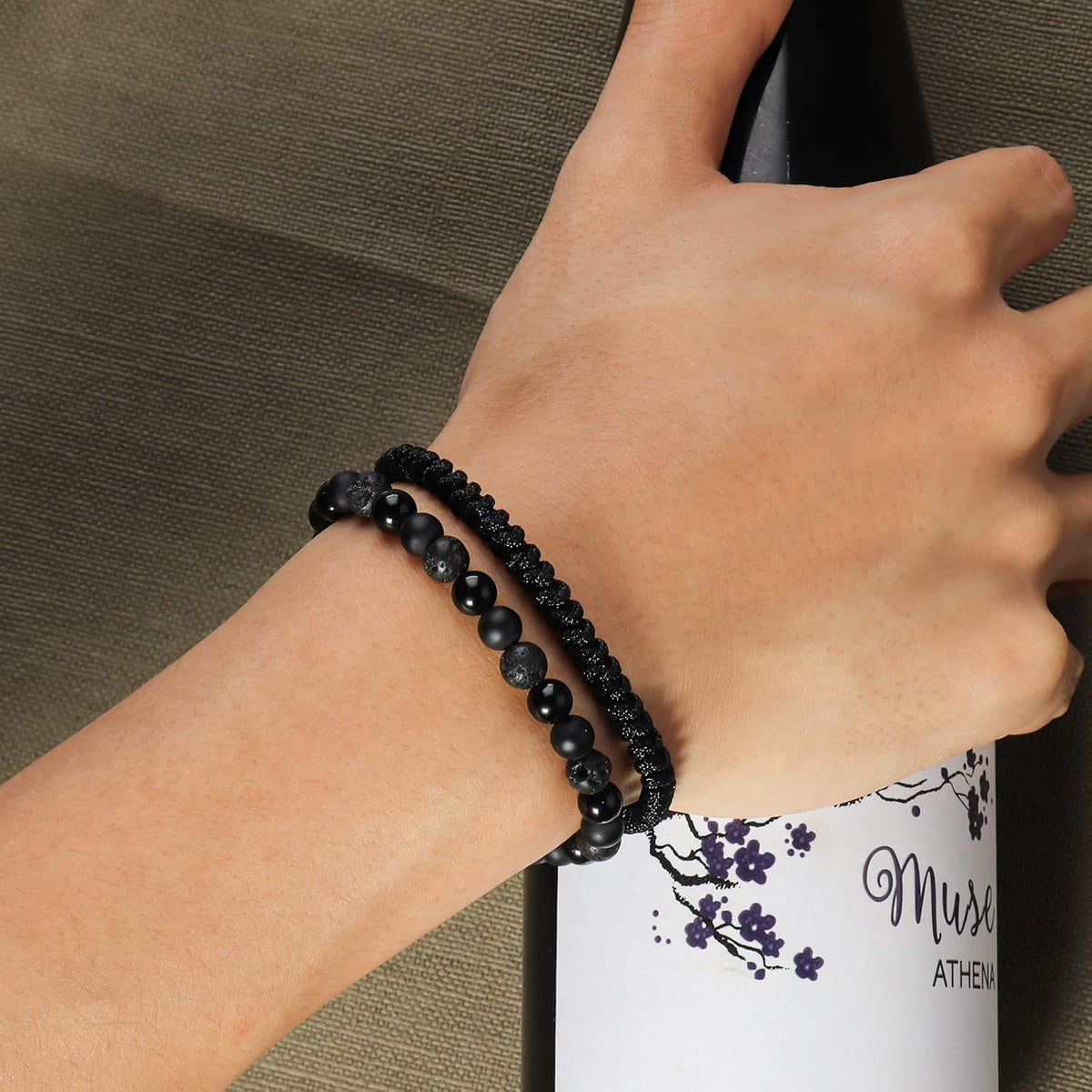 Black Beaded Bracelets for Men Boys: 6Mm Obsidian Onyx Lava Beads Mens Bracelet Set Mens Jewelry - Cool Anniversary Valentines Fathers Birthday Gifts for Him Boyfriend Husband Man Son Dad