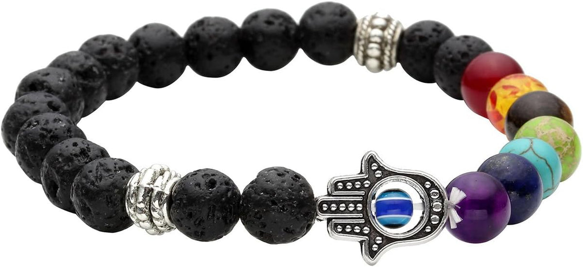 7 Chakras Gemstone Beaded Crystal Bracelet Hamsa Hand Evil Eye Natural Lava Rock Stone Essention Oils Diffuser Reiki Healing Balancing round Beads Bracelet