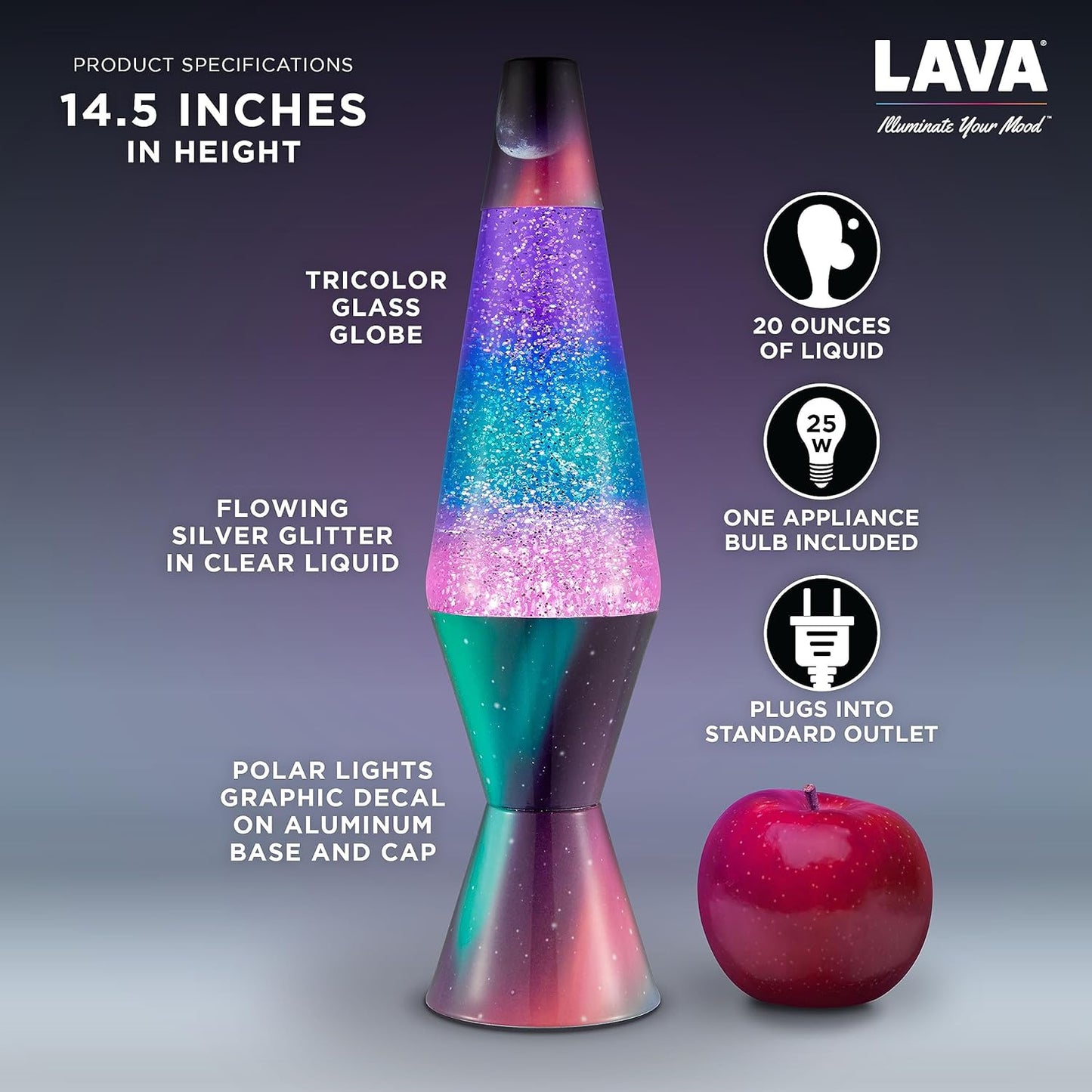 Lava® Lamp - 14.5" Polar Glimmer - the Original Motion Light - Silver Glitter, Multicolor Base and Globe - Item #2048 (Amazon Exclusive)
