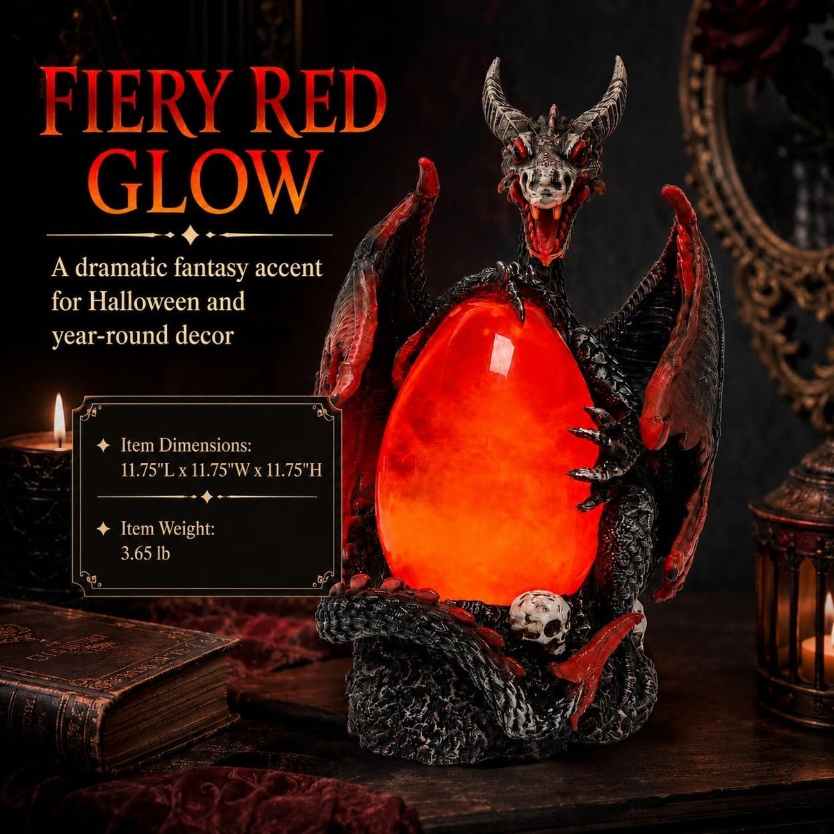 Evil Dragon Snow Globe Statue, Illuminated Water Filled Egg, Rotating Mist Effect, Skull-Embedded Base, Fire Dragon Egg Glow with 6H Timer, Battery Operated, Unique Halloween Snow Globe Holiday Decor