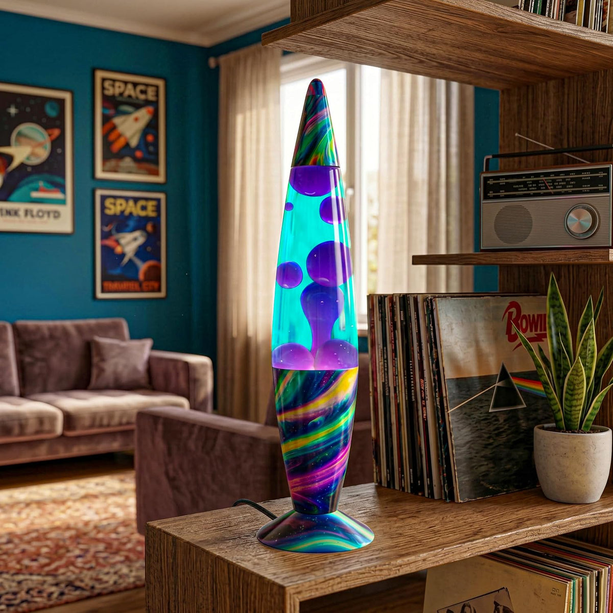 16" Beautiful Lamp- Teal with Purple Wax- Neon Twilight, Relaxing Liquid Light, Night Light Nightlight, Home Decor Living Room Office Bedroom Lamp for Adults Teens Kids, Magma Motion