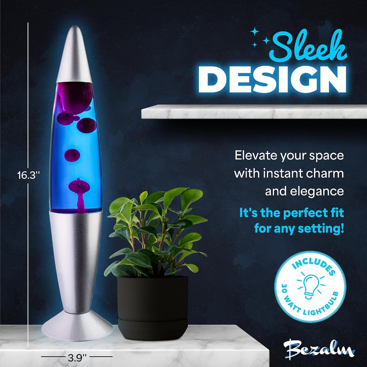 BEZALM 16-Inch Beautiful Lamp, Relaxing Night Light Home Decor for Living Room, Office, Bedroom - Magma Lamp (16", Silver Base, Blue Liquid, Purple Wax)