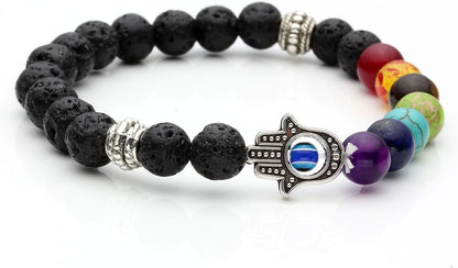 7 Chakras Gemstone Beaded Crystal Bracelet Hamsa Hand Evil Eye Natural Lava Rock Stone Essention Oils Diffuser Reiki Healing Balancing round Beads Bracelet