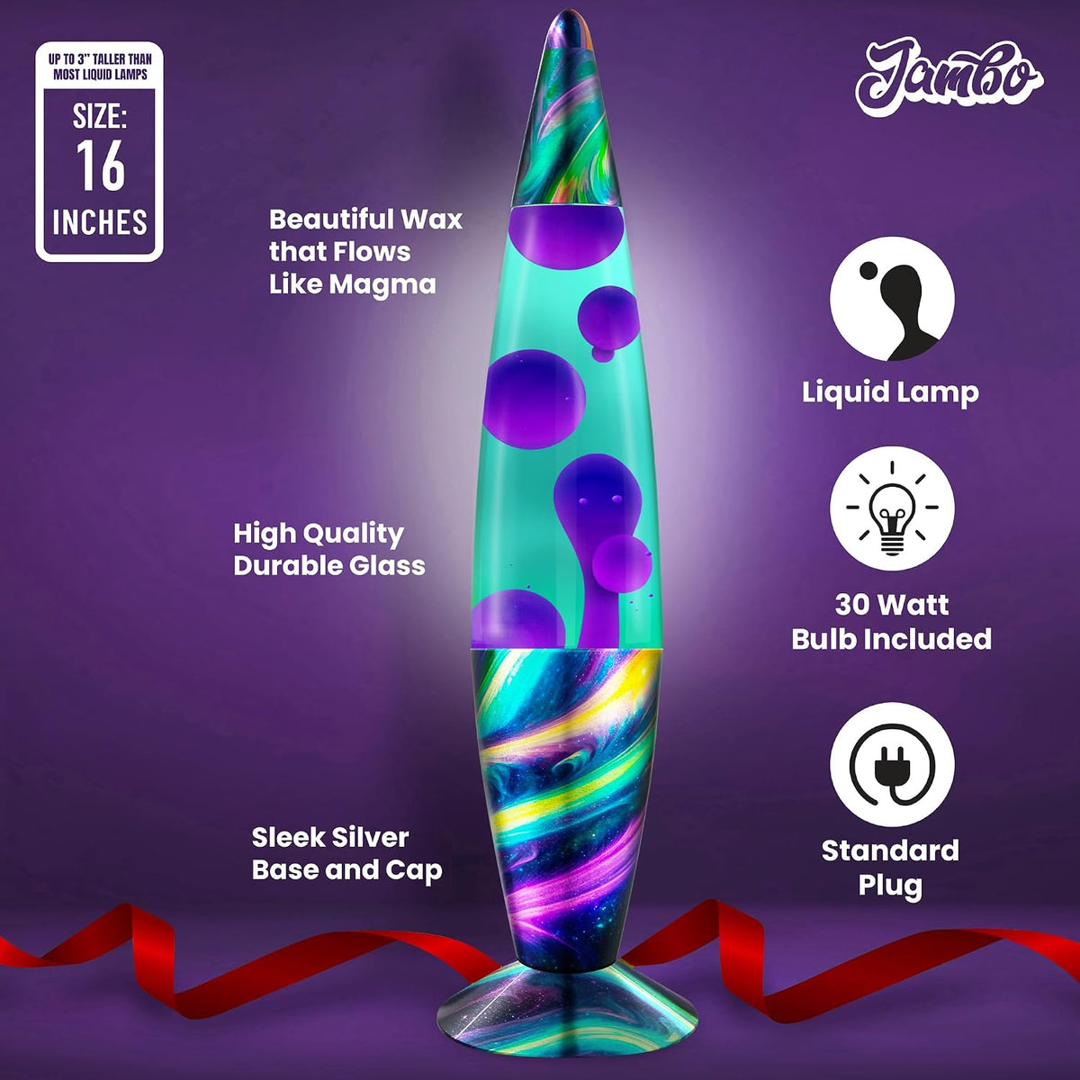 16" Beautiful Lamp- Teal with Purple Wax- Neon Twilight, Relaxing Liquid Light, Night Light Nightlight, Home Decor Living Room Office Bedroom Lamp for Adults Teens Kids, Magma Motion