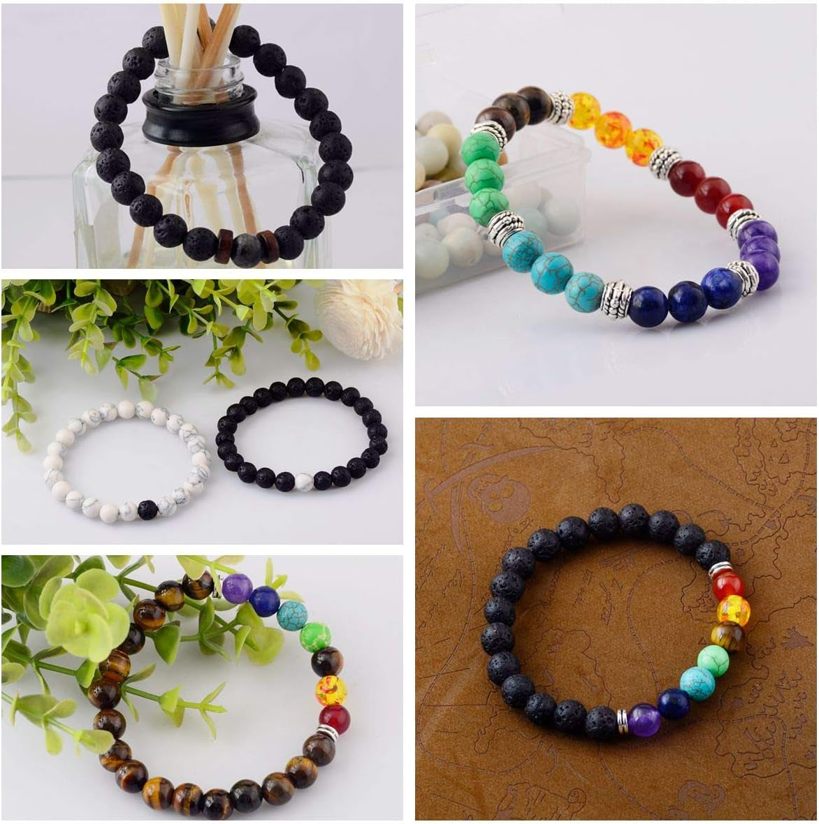 Black Lava Stone 7 Chakra Bracelets 6Pcs Mix 8Mm Yinyang Rock Bead Elastic Natural Stones Gemstones Oil Diffuser Yoga Menditation Beads Bracelets for Men Women Jewelry (6Pcs Lava Stone Bracelet)