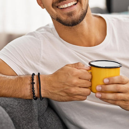 Black Beaded Bracelets for Men Boys: 6Mm Obsidian Onyx Lava Beads Mens Bracelet Set Mens Jewelry - Cool Anniversary Valentines Fathers Birthday Gifts for Him Boyfriend Husband Man Son Dad