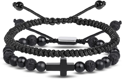 Black Beaded Bracelets for Men Boys: 6Mm Obsidian Onyx Lava Beads Mens Bracelet Set Mens Jewelry - Cool Anniversary Valentines Fathers Birthday Gifts for Him Boyfriend Husband Man Son Dad