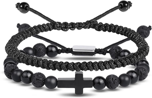 Black Beaded Bracelets for Men Boys: 6Mm Obsidian Onyx Lava Beads Mens Bracelet Set Mens Jewelry - Cool Anniversary Valentines Fathers Birthday Gifts for Him Boyfriend Husband Man Son Dad