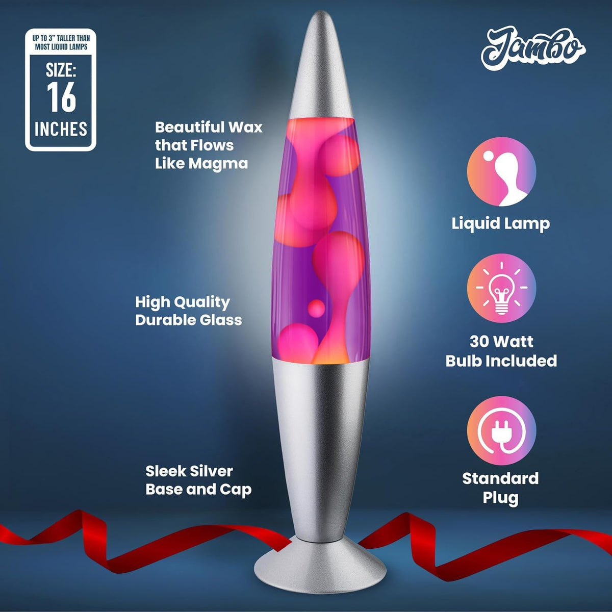 16" Beautiful Lamp- Purple with Pink Wax, Relaxing Liquid Light, Night Light Nightlight, Home Decor Living Room Office Bedroom Lamp for Adults Teens Kids, Magma Motion