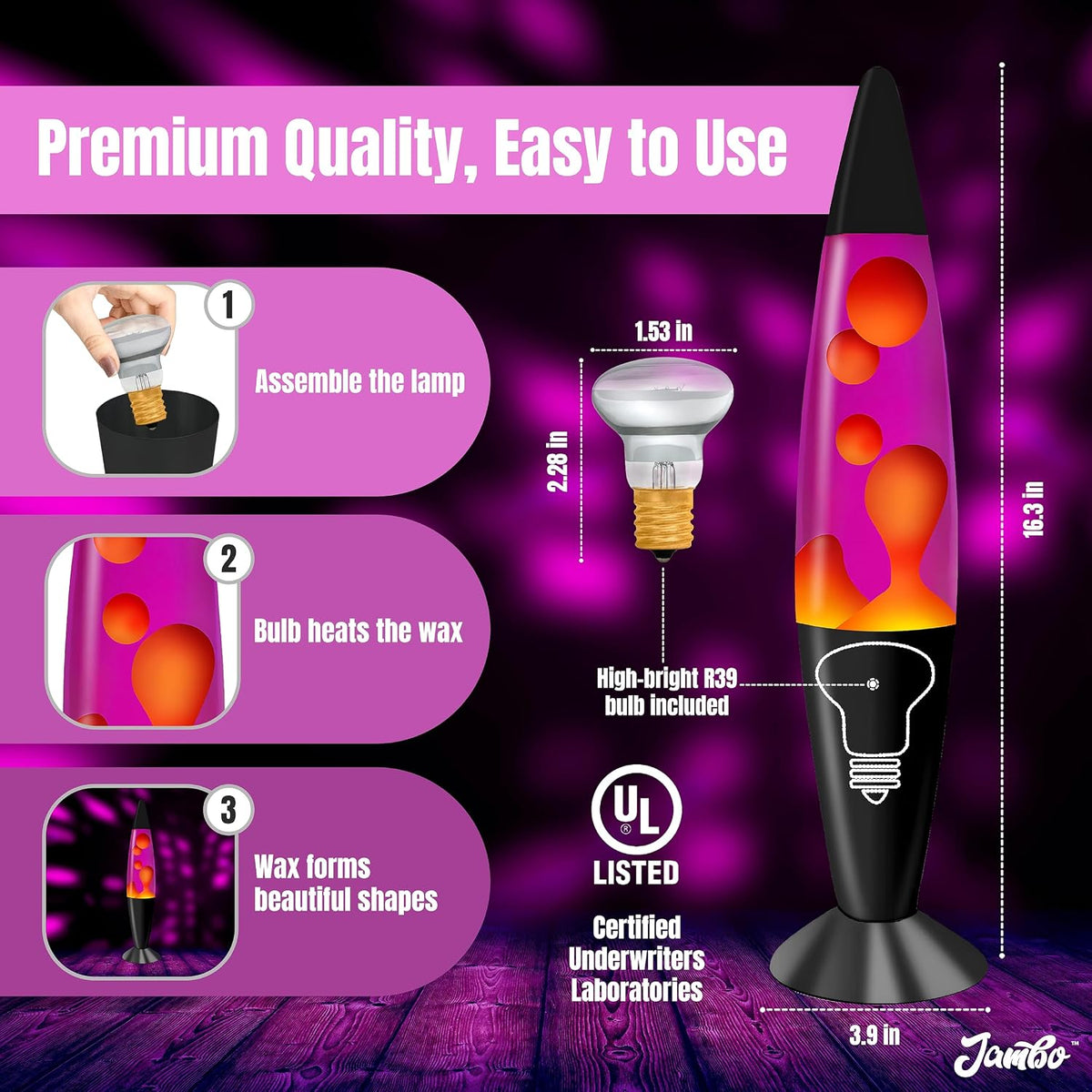 16" Beautiful Lamp- Purple with Yellow/Orange Wax, Relaxing Liquid Lamp for Living Room Office Bedroom Adults Teens Kids, Magma Light, Night Light Nightlight, Home Decor