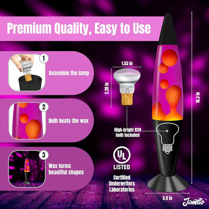 16" Beautiful Lamp- Purple with Yellow/Orange Wax, Relaxing Liquid Lamp for Living Room Office Bedroom Adults Teens Kids, Magma Light, Night Light Nightlight, Home Decor