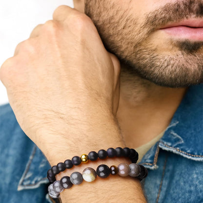 Black Beaded Bracelets for Men Boys: 6Mm Obsidian Onyx Lava Beads Mens Bracelet Set Mens Jewelry - Cool Anniversary Valentines Fathers Birthday Gifts for Him Boyfriend Husband Man Son Dad