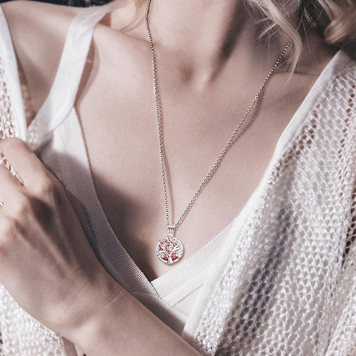 Sakura Tree Aromatherapy Necklace, Essential Oils Diffuser Locket Pendant with 7 PCS Lava Rock Stones and 24" Link Chain