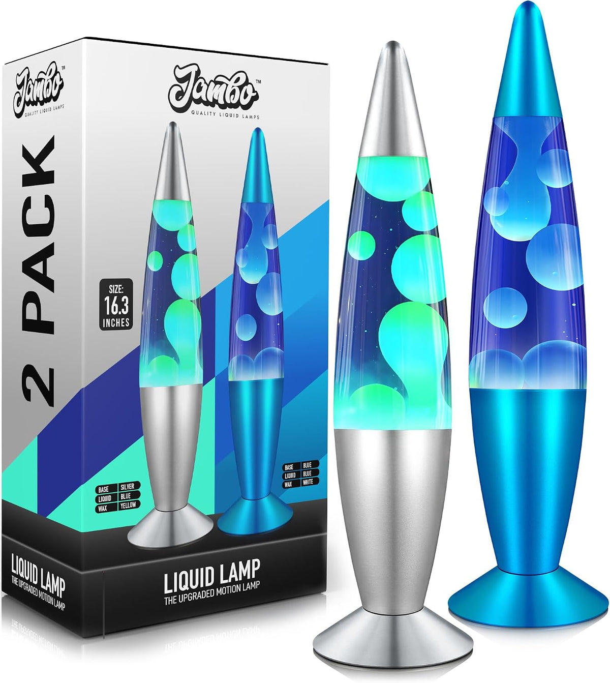 2 Pack- 16" Beautiful Lamp- Silver with Yellow/Green Wax and Blue with Blue/White Wax, Relaxing Liquid Lamp, Night Light Nightlight, Lamps for Adults Teens Kid