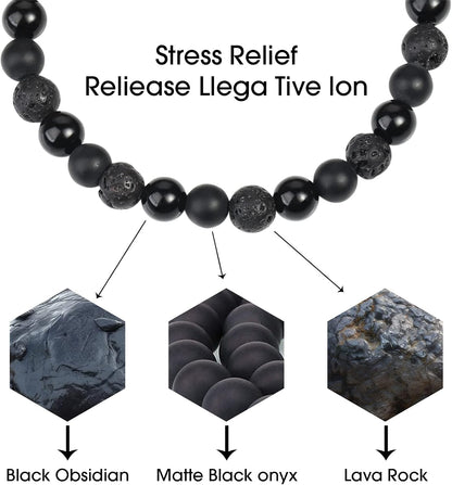 Black Beaded Bracelets for Men Boys: 6Mm Obsidian Onyx Lava Beads Mens Bracelet Set Mens Jewelry - Cool Anniversary Valentines Fathers Birthday Gifts for Him Boyfriend Husband Man Son Dad
