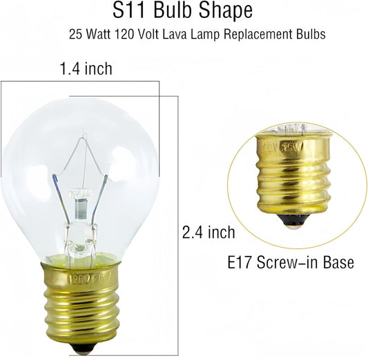 Lava Lamp Bulbs,25 Watt Original Replacement Bulbs for 14.5-Inch/20-Ounce Lava Lamp, High Temp Resistance, High-Output Heat S11 Bulb /120 Volt,Dimmable - Warm White-6 Pack