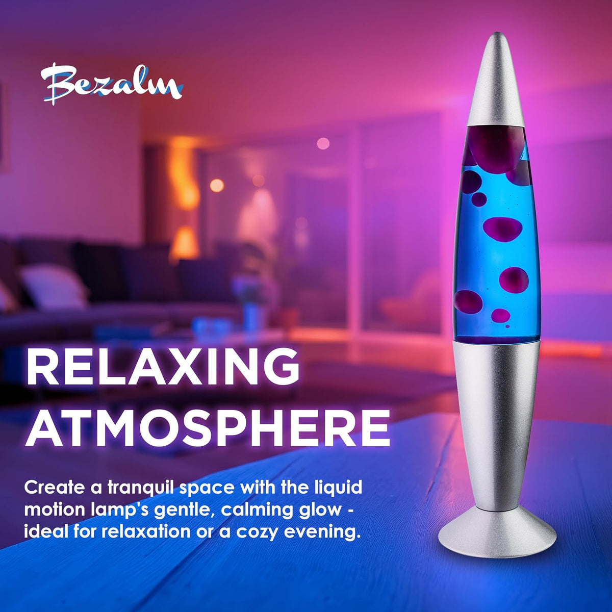 BEZALM 16-Inch Beautiful Lamp, Relaxing Night Light Home Decor for Living Room, Office, Bedroom - Magma Lamp (16", Silver Base, Blue Liquid, Purple Wax)
