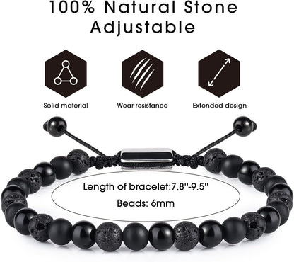 Black Beaded Bracelets for Men Boys: 6Mm Obsidian Onyx Lava Beads Mens Bracelet Set Mens Jewelry - Cool Anniversary Valentines Fathers Birthday Gifts for Him Boyfriend Husband Man Son Dad