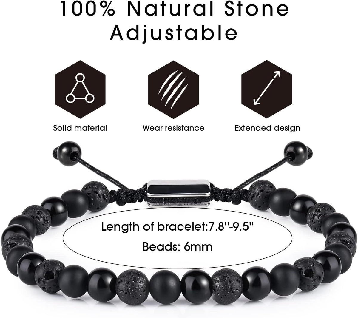 Black Beaded Bracelets for Men Boys: 6Mm Obsidian Onyx Lava Beads Mens Bracelet Set Mens Jewelry - Cool Anniversary Valentines Fathers Birthday Gifts for Him Boyfriend Husband Man Son Dad