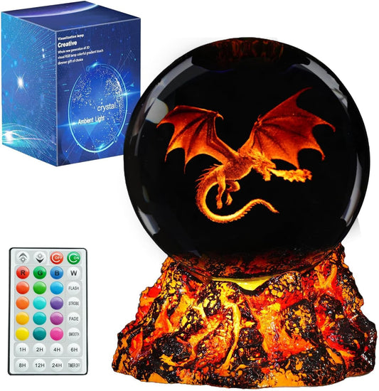 Dragon Night Light, 3.15 Inch (80Mm) K9 Crystal Upgraded Volcanic Lava Base 3D Lamp with Remote 16 Color for Birthday Xmas Cool Figurines Dragon Gifts for Room Decor Boys Girls