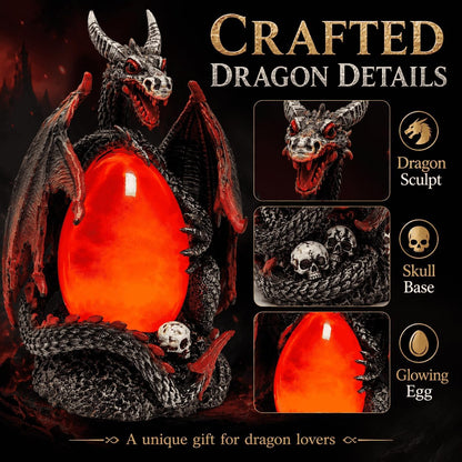 Evil Dragon Snow Globe Statue, Illuminated Water Filled Egg, Rotating Mist Effect, Skull-Embedded Base, Fire Dragon Egg Glow with 6H Timer, Battery Operated, Unique Halloween Snow Globe Holiday Decor