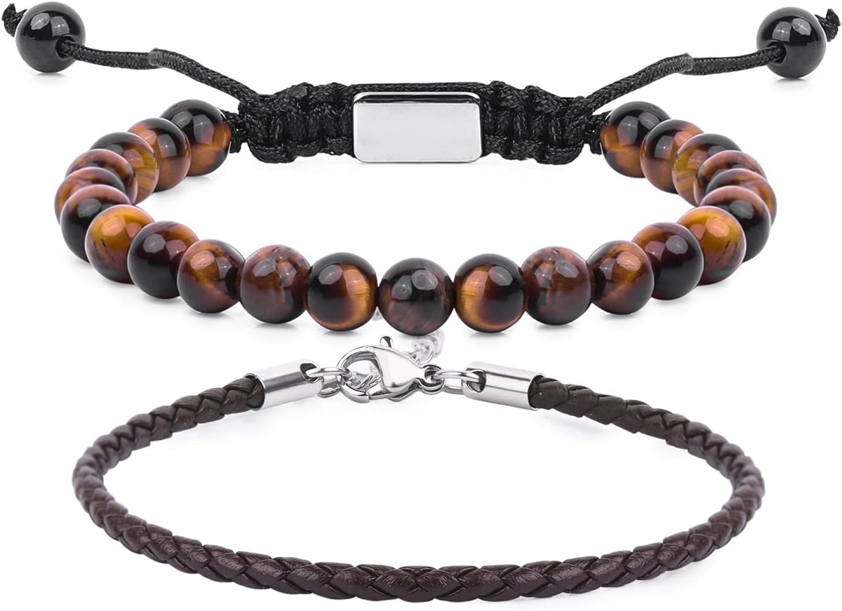 Black Beaded Bracelets for Men Boys: 6Mm Obsidian Onyx Lava Beads Mens Bracelet Set Mens Jewelry - Cool Anniversary Valentines Fathers Birthday Gifts for Him Boyfriend Husband Man Son Dad