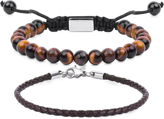 Black Beaded Bracelets for Men Boys: 6Mm Obsidian Onyx Lava Beads Mens Bracelet Set Mens Jewelry - Cool Anniversary Valentines Fathers Birthday Gifts for Him Boyfriend Husband Man Son Dad