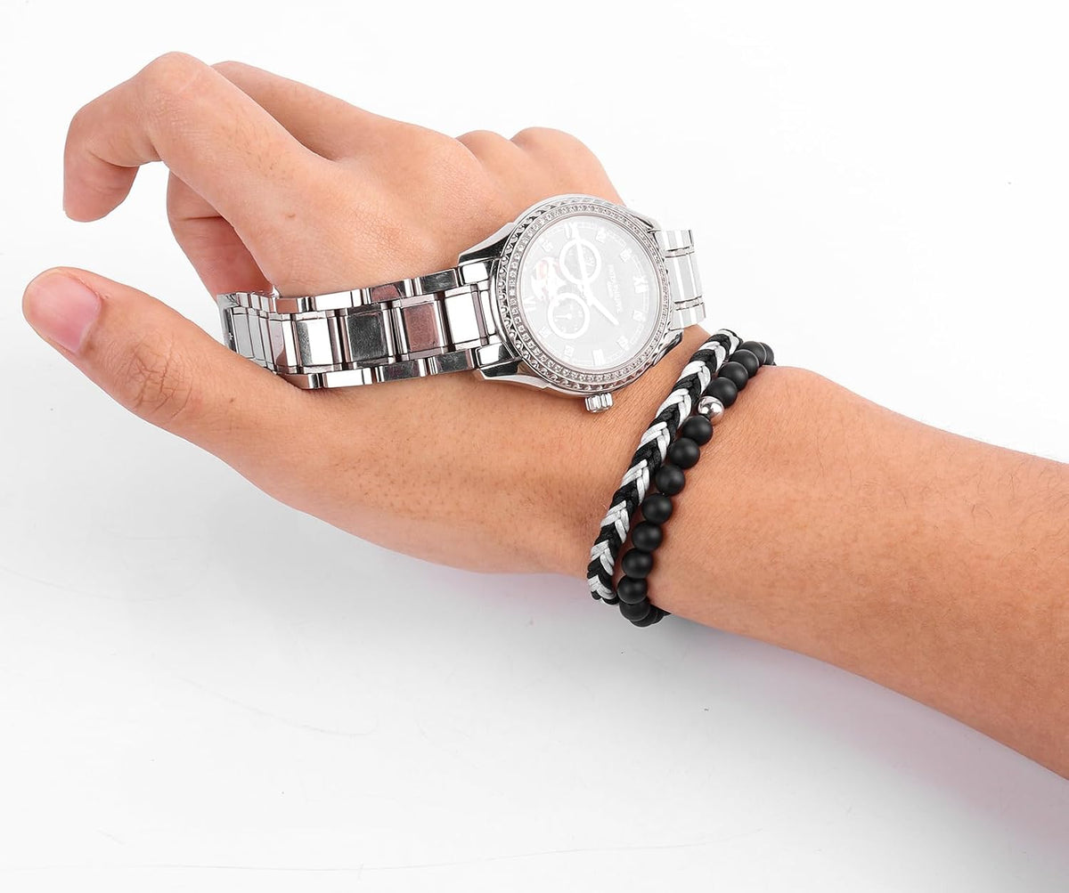Black Beaded Bracelets for Men Boys: 6Mm Obsidian Onyx Lava Beads Mens Bracelet Set Mens Jewelry - Cool Anniversary Valentines Fathers Birthday Gifts for Him Boyfriend Husband Man Son Dad