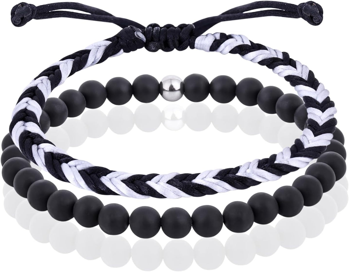 Black Beaded Bracelets for Men Boys: 6Mm Obsidian Onyx Lava Beads Mens Bracelet Set Mens Jewelry - Cool Anniversary Valentines Fathers Birthday Gifts for Him Boyfriend Husband Man Son Dad