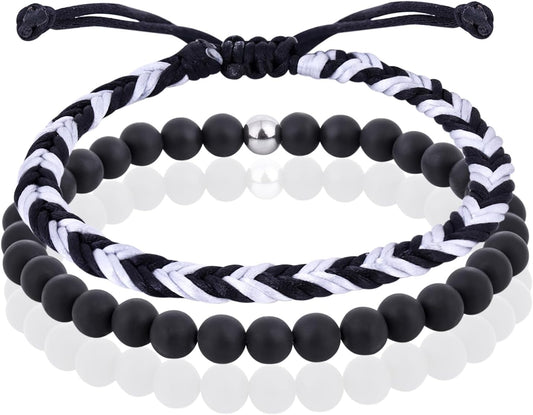 Black Beaded Bracelets for Men Boys: 6Mm Obsidian Onyx Lava Beads Mens Bracelet Set Mens Jewelry - Cool Anniversary Valentines Fathers Birthday Gifts for Him Boyfriend Husband Man Son Dad