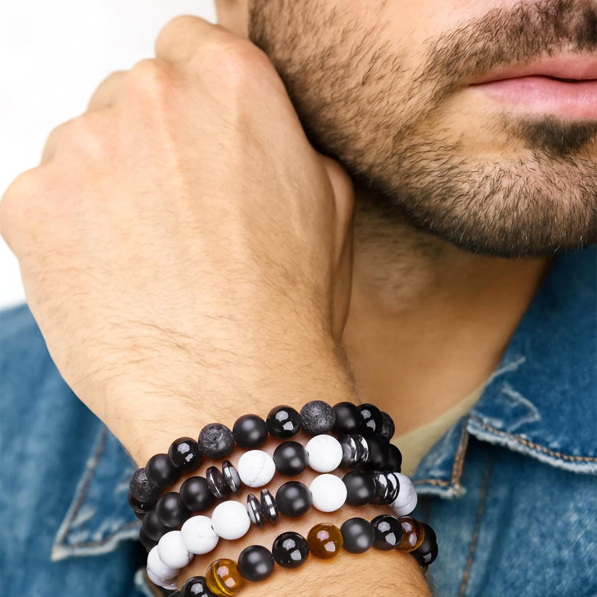 Black Beaded Bracelets for Men Boys: 6Mm Obsidian Onyx Lava Beads Mens Bracelet Set Mens Jewelry - Cool Anniversary Valentines Fathers Birthday Gifts for Him Boyfriend Husband Man Son Dad