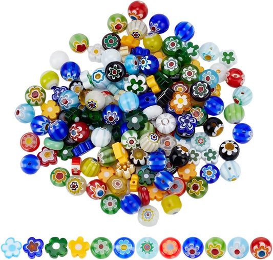 1 Box 152PCS 6~9MM Flower Lampwork Glass Beads with Holes Colorful Flat round Floral Millefiori Handmade Spacer Loose Bead Bulk for Jewelry Making Necklaces Bracelets DIY Craft Supplies