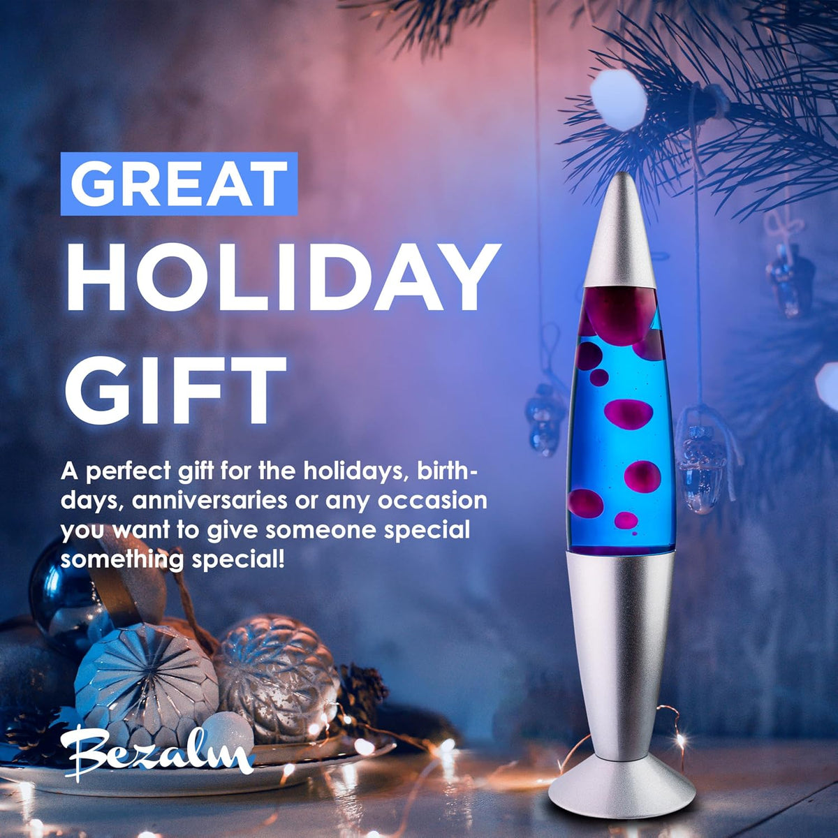 BEZALM 16-Inch Beautiful Lamp, Relaxing Night Light Home Decor for Living Room, Office, Bedroom - Magma Lamp (16", Silver Base, Blue Liquid, Purple Wax)