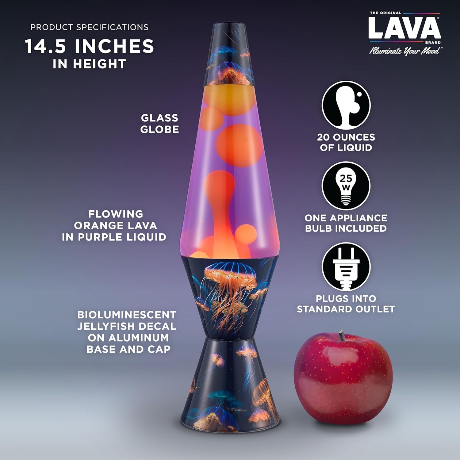 Lava the Original Lamp - 14.5" Luminous Jelly Fish – Classic Liquid Motion Lamp - Yellow Wax and Purple Liquid - Item #2424 (Amazon Exclusive)