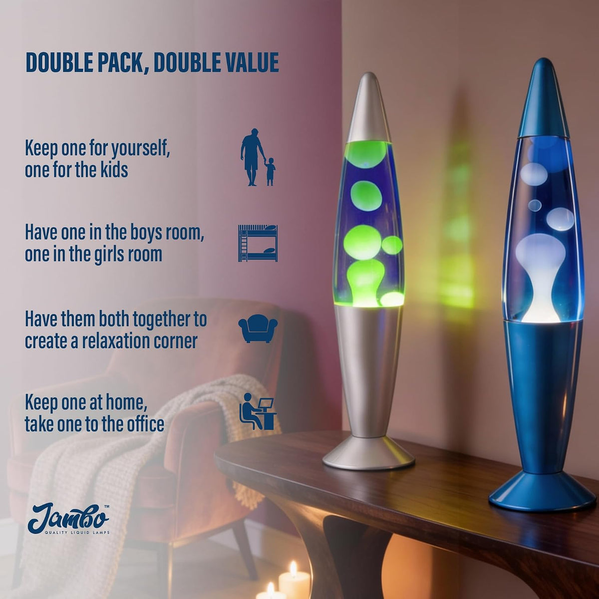 2 Pack- 16" Beautiful Lamp- Silver with Yellow/Green Wax and Blue with Blue/White Wax, Relaxing Liquid Lamp, Night Light Nightlight, Lamps for Adults Teens Kid