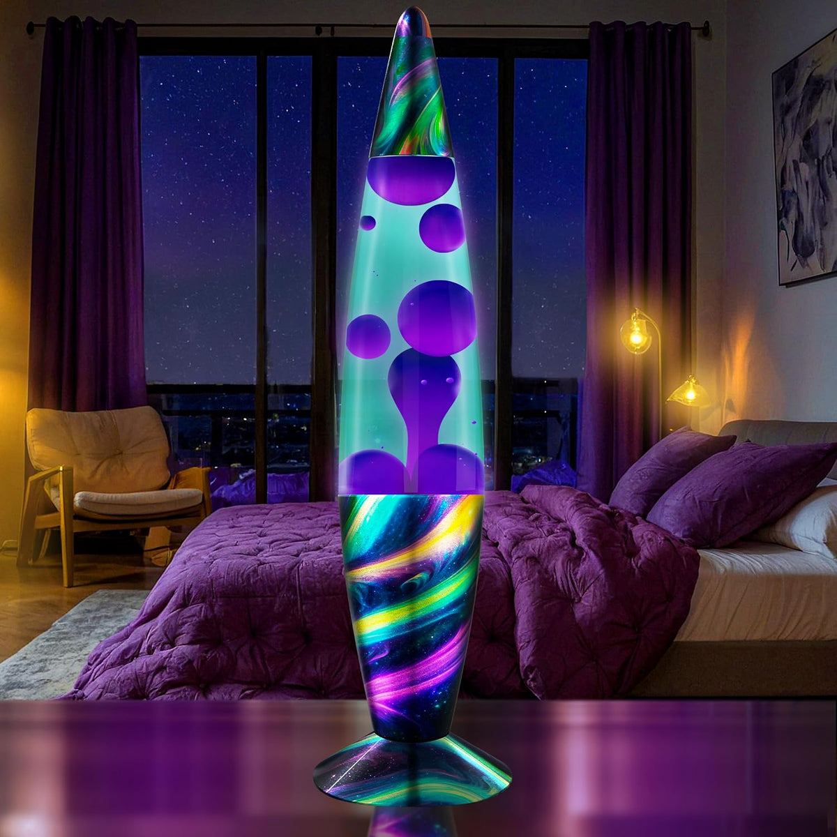 16" Beautiful Lamp- Teal with Purple Wax- Neon Twilight, Relaxing Liquid Light, Night Light Nightlight, Home Decor Living Room Office Bedroom Lamp for Adults Teens Kids, Magma Motion