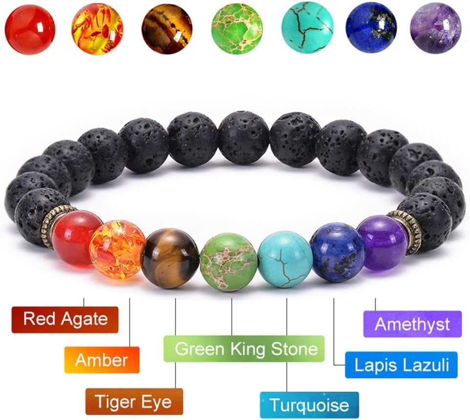 Black Lava Stone 7 Chakra Bracelets 6Pcs Mix 8Mm Yinyang Rock Bead Elastic Natural Stones Gemstones Oil Diffuser Yoga Menditation Beads Bracelets for Men Women Jewelry (6Pcs Lava Stone Bracelet)