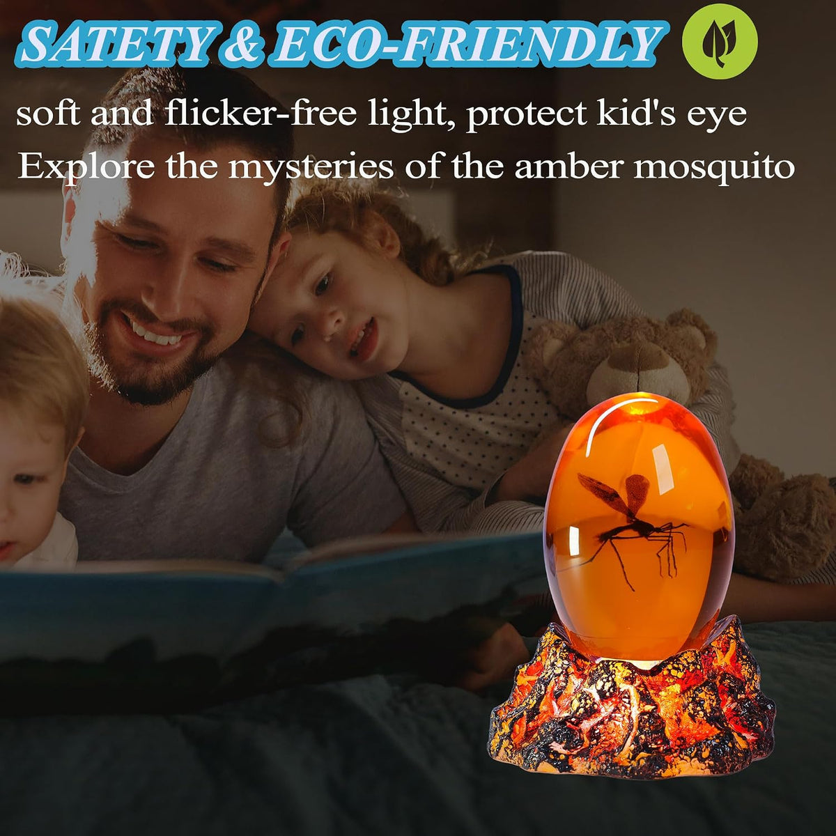 Jurassic 3D Mosquito in Amber Resin, Mosquito Resin with Volcanic Lava Lamp Base with Remote 16 Colors Flashing RGB Dimmable, True 3D 3.3 Inches Tall Dinosaur DNA Replica Paper Weight Gifts