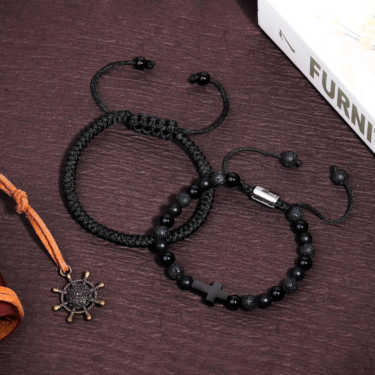 Black Beaded Bracelets for Men Boys: 6Mm Obsidian Onyx Lava Beads Mens Bracelet Set Mens Jewelry - Cool Anniversary Valentines Fathers Birthday Gifts for Him Boyfriend Husband Man Son Dad