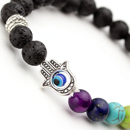 7 Chakras Gemstone Beaded Crystal Bracelet Hamsa Hand Evil Eye Natural Lava Rock Stone Essention Oils Diffuser Reiki Healing Balancing round Beads Bracelet