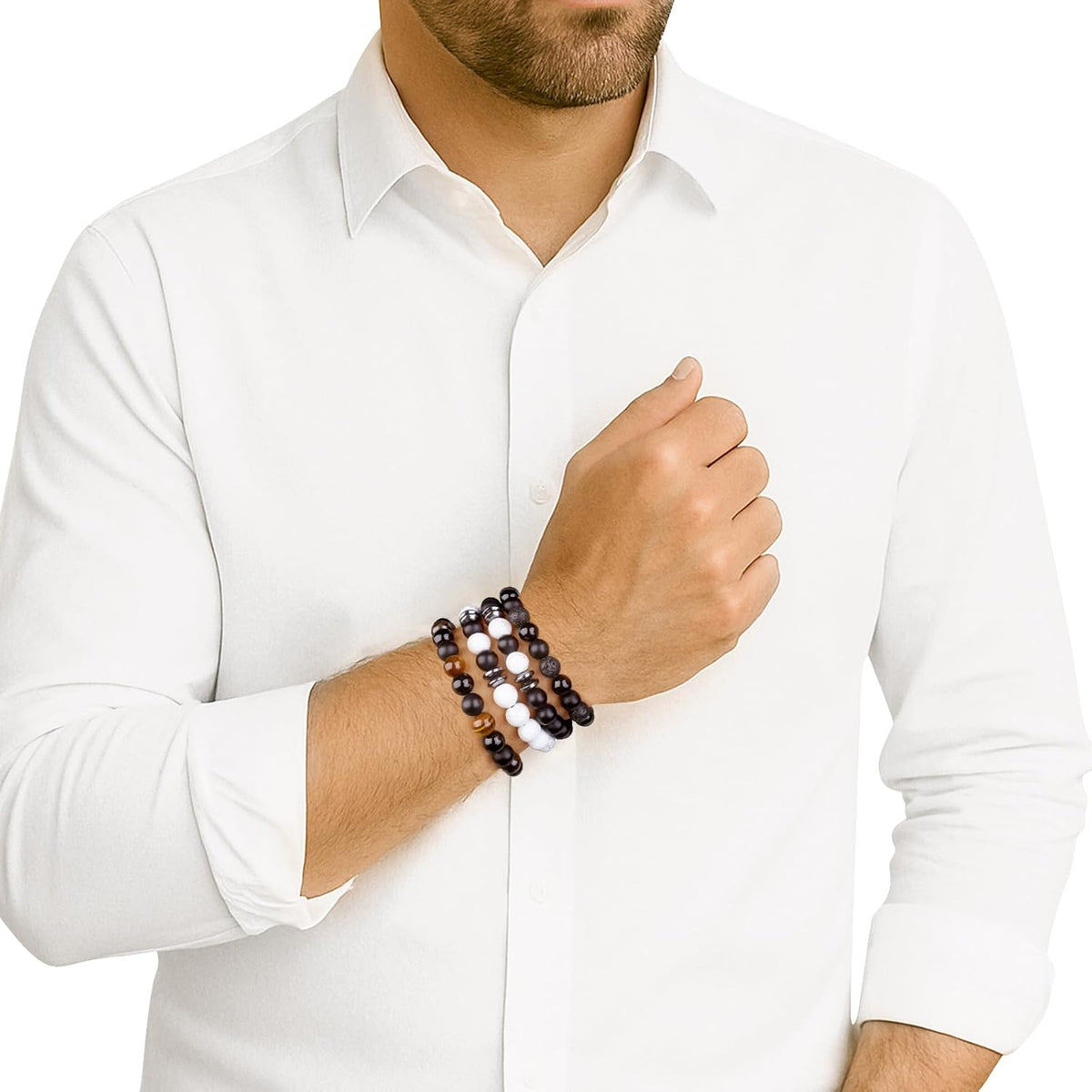 Black Beaded Bracelets for Men Boys: 6Mm Obsidian Onyx Lava Beads Mens Bracelet Set Mens Jewelry - Cool Anniversary Valentines Fathers Birthday Gifts for Him Boyfriend Husband Man Son Dad