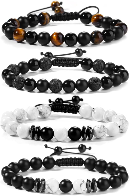 Black Beaded Bracelets for Men Boys: 6Mm Obsidian Onyx Lava Beads Mens Bracelet Set Mens Jewelry - Cool Anniversary Valentines Fathers Birthday Gifts for Him Boyfriend Husband Man Son Dad