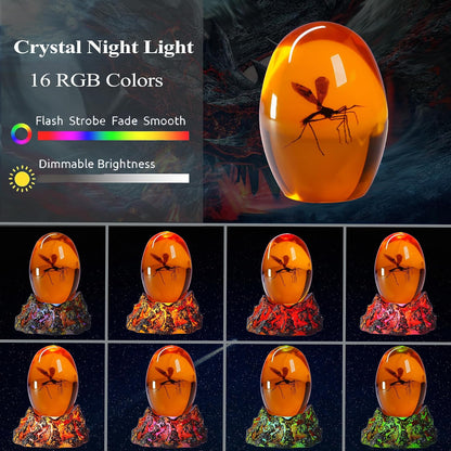 Jurassic 3D Mosquito in Amber Resin, Mosquito Resin with Volcanic Lava Lamp Base with Remote 16 Colors Flashing RGB Dimmable, True 3D 3.3 Inches Tall Dinosaur DNA Replica Paper Weight Gifts