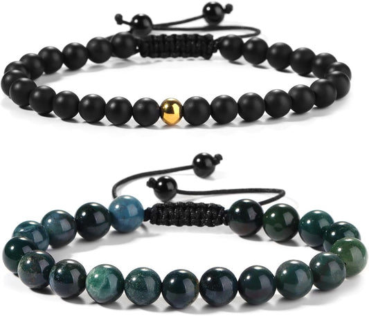 Black Beaded Bracelets for Men Boys: 6Mm Obsidian Onyx Lava Beads Mens Bracelet Set Mens Jewelry - Cool Anniversary Valentines Fathers Birthday Gifts for Him Boyfriend Husband Man Son Dad