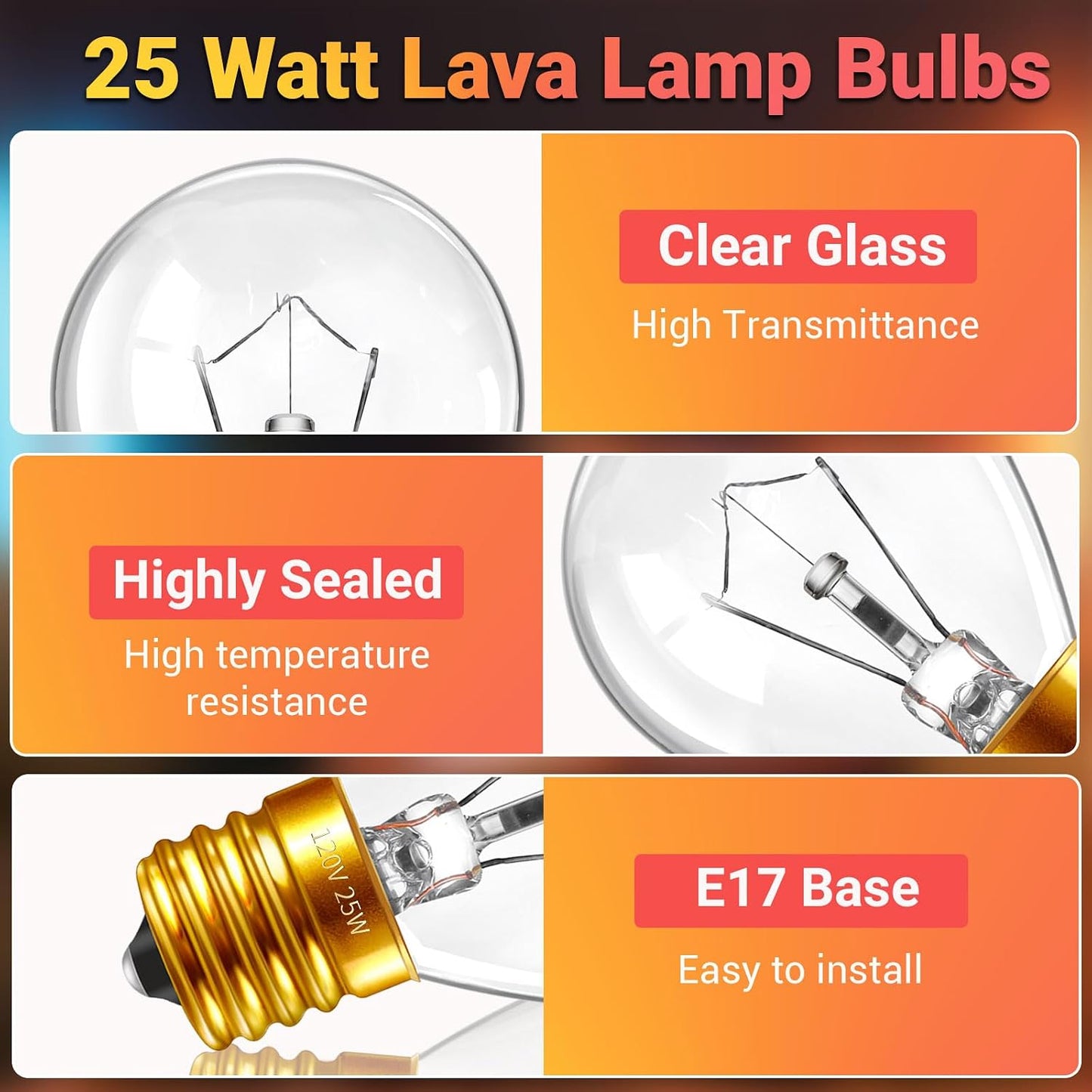 Lava Lamp Bulbs 25 Watt, 120V S11 E17 Base, Warm White 2700K, 6 Pack | Dimmable, Original Replacement Light Bulbs for 14.5-Inch Lava Lamp and Glitter Lamps