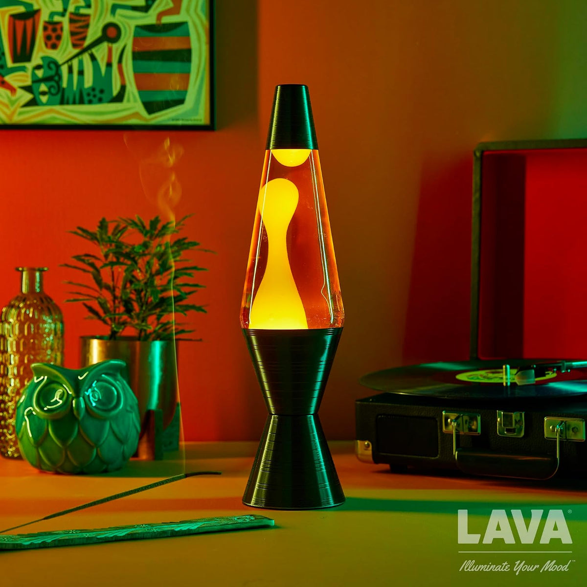 Lava® Lamp - 14.5'' Vinyl Record Grooved Base - the Original Motion Light - Yellow Wax and Orange Liquid - Item #2017