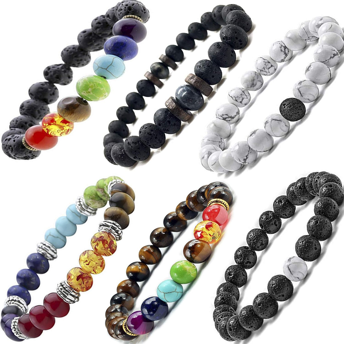 Black Lava Stone 7 Chakra Bracelets 6Pcs Mix 8Mm Yinyang Rock Bead Elastic Natural Stones Gemstones Oil Diffuser Yoga Menditation Beads Bracelets for Men Women Jewelry (6Pcs Lava Stone Bracelet)
