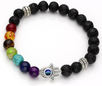 7 Chakras Gemstone Beaded Crystal Bracelet Hamsa Hand Evil Eye Natural Lava Rock Stone Essention Oils Diffuser Reiki Healing Balancing round Beads Bracelet