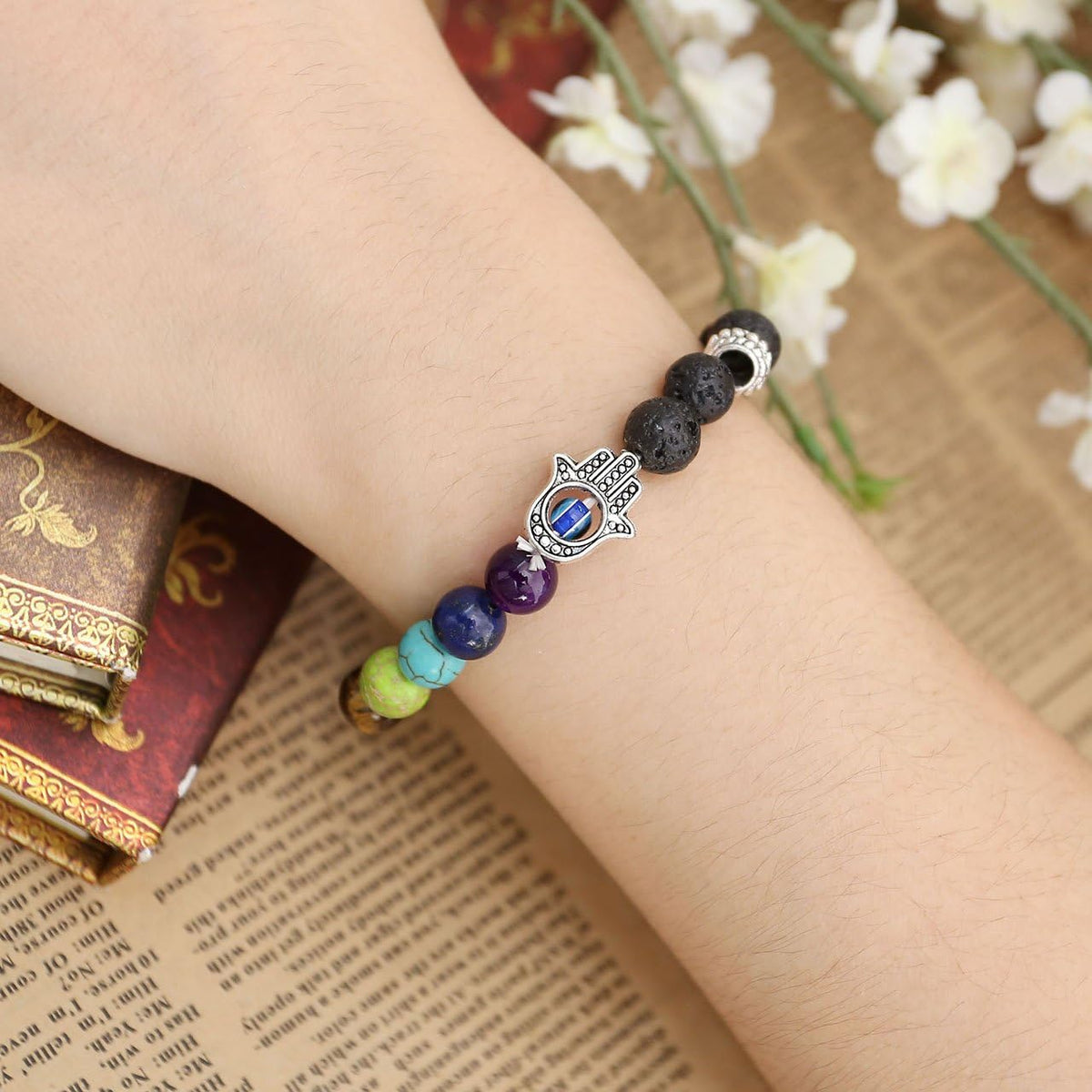 7 Chakras Gemstone Beaded Crystal Bracelet Hamsa Hand Evil Eye Natural Lava Rock Stone Essention Oils Diffuser Reiki Healing Balancing round Beads Bracelet