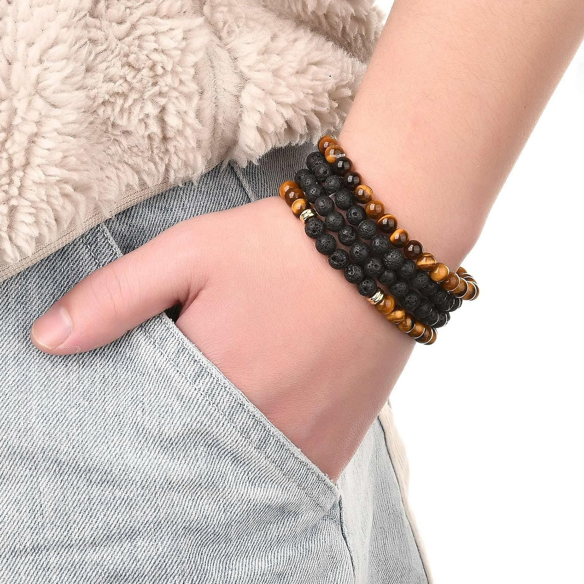 Mala Yoga Men Bracelet Making Kit Lava Rock Tiger Eye Beads